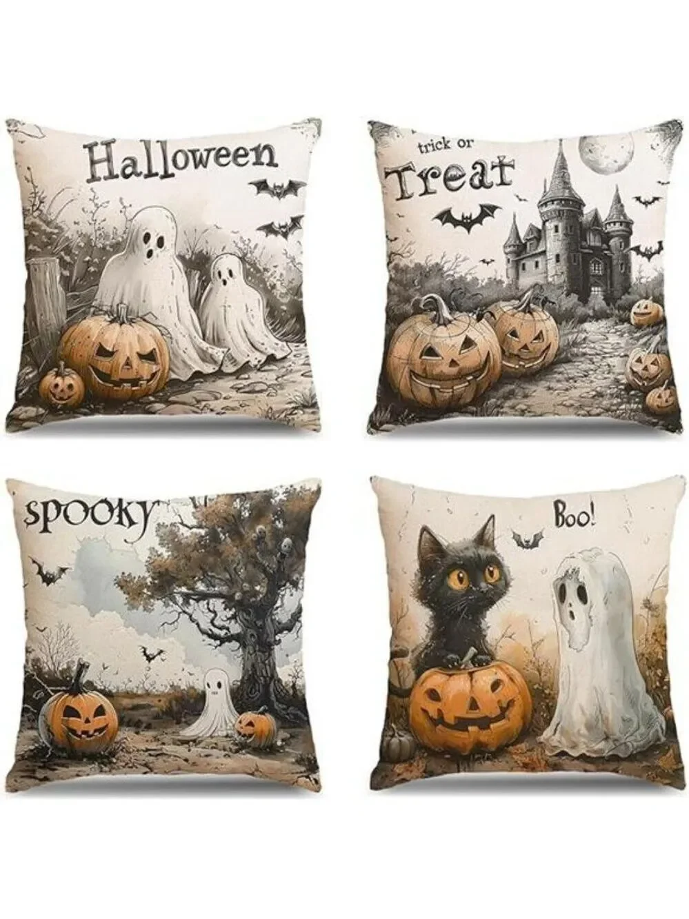 Halloween Pillow Covers 18x18 Set of 4 Trick or Treat Pumpkin Ghost Sofa Decor